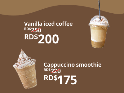 Menu showing Vanilla iced coffee at RD$250 and Cappuccino smoothie discounted to RD$175.