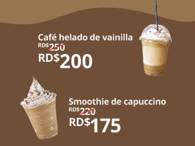 Menú con Vanilla iced coffee a RD$250 y Cappuccino smoothie con descuento a RD$175.