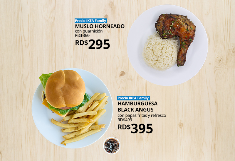 Menú del restaurante IKEA con hamburguesa Black Angus y muslo horneado.