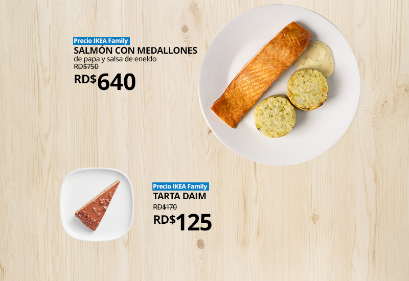 Menú del restaurante IKEA con hamburguesa Black Angus y muslo horneado.