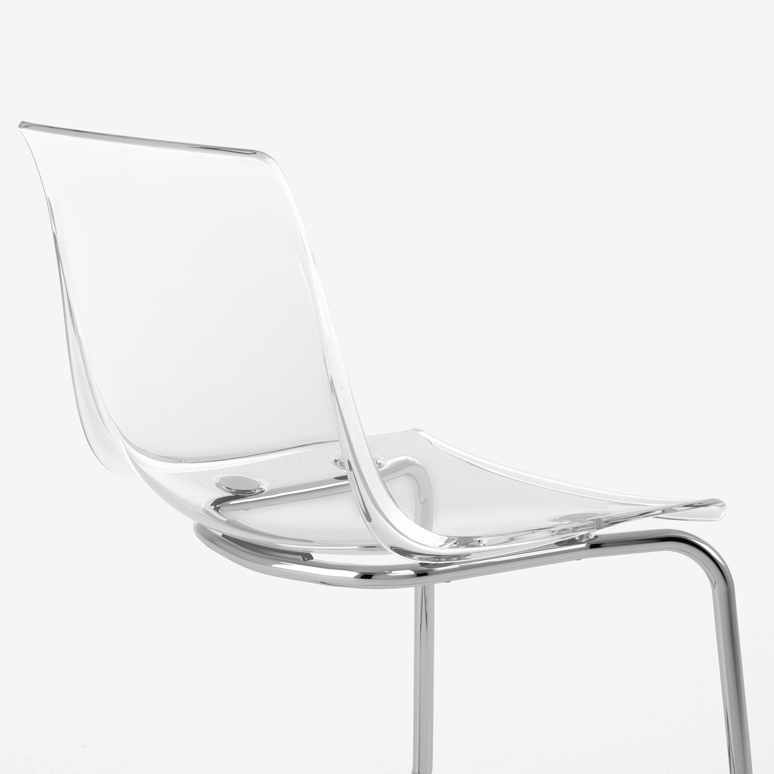 Modern chair featuring a transparent plastic seat and backrest with chrome metal legs against a white background.
