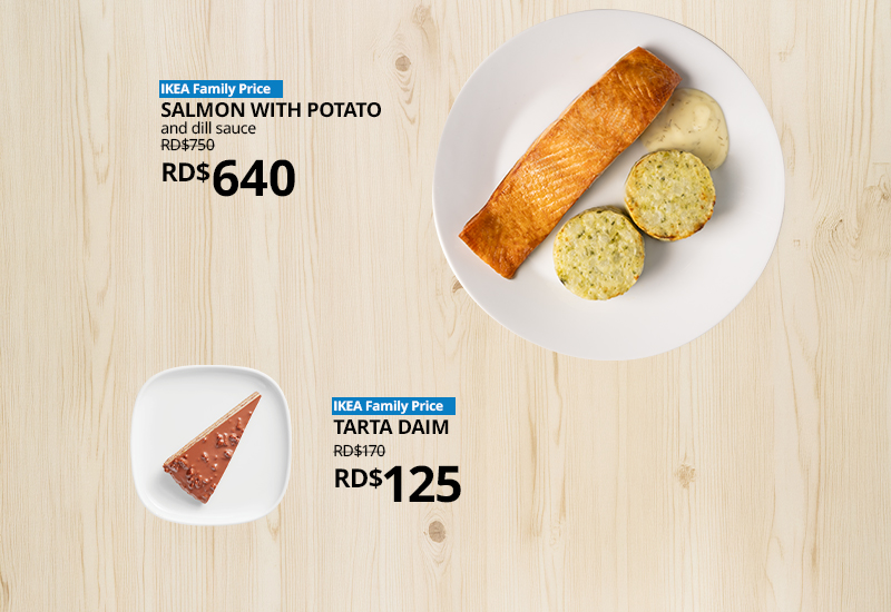 Menu promotion featuring salmon, potato medallions, and Daim cake with prices.