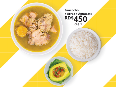 Sancocho con arroz y aguacate por RD$450 sobre fondo de franjas amarillas.