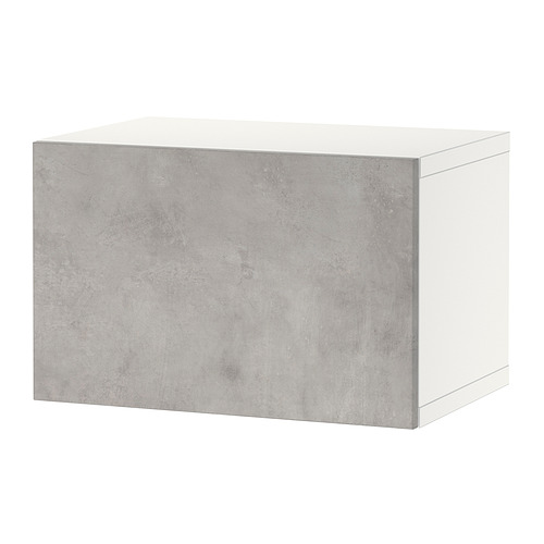 White BESTÅ storage unit, rectangular shape, grey textured front, flat top, modern design.