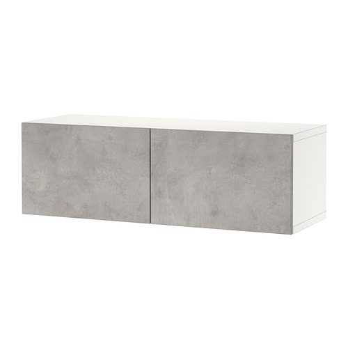 BESTÅ furniture in white with gray concrete effect doors. Rectangular cabinet with two large doors.