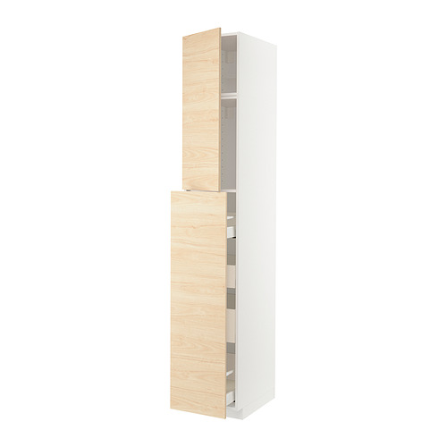 METOD tall white cabinet with light ash wood doors, modern design, three compartments.