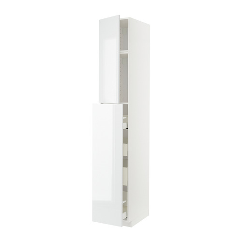 A white high gloss METOD cabinet with multiple compartments, perfect for modern kitchens.