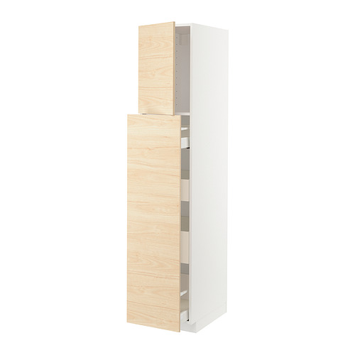 Depicts a white and light wood-colored METOD kitchen cabinet system with a sleek, natural design.