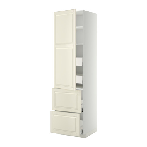 Un mueble de cocina alto blanco con un diseño clásico con estantes y cajones ajustables.