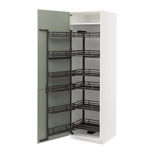 White METOD kitchen cabinet with green glass door, pull-out shelves.