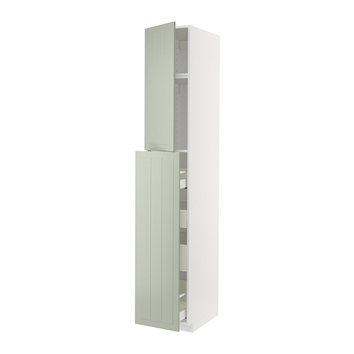 METOD kitchen cabinet with green doors, multiple shelves, and open/closed storage.