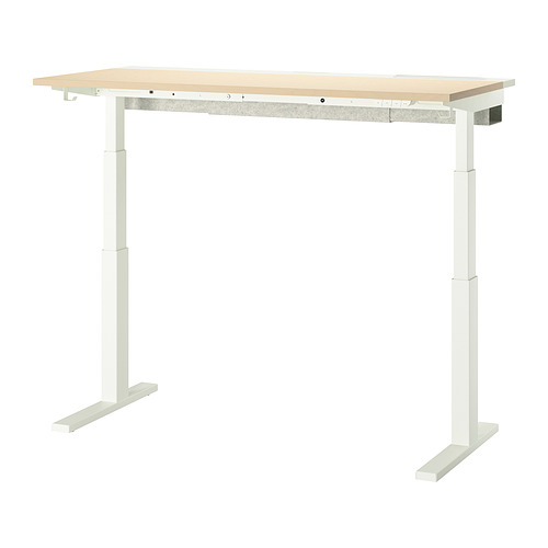 Una mesa de oficina MITTZON blanca con tapa de madera clara, patas robustas y una forma rectangular limpia.