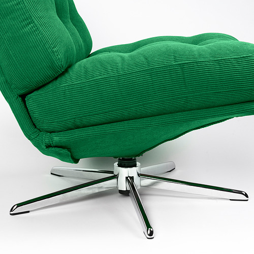 Silla giratoria de color verde brillante con cinco patas cromadas, diseño moderno. Tejido afelpado y texturizado con base resistente.