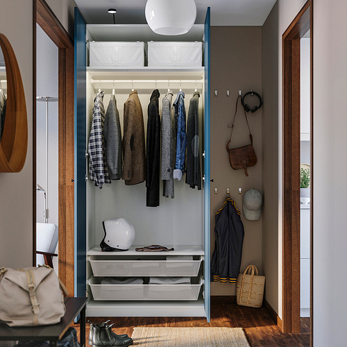 Open wardrobe displays clothes, accessories, and storage baskets. Soft-close door hinges visible.