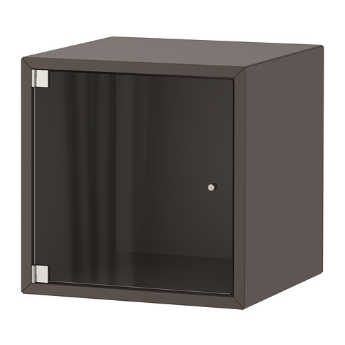 Almacenamiento de cubo EKET gris oscuro con puerta de vidrio.