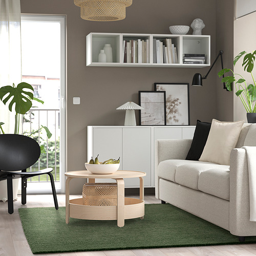 Sala de estar moderna con alfombra STOENSE verde, sofá claro, silla negra y plantas.