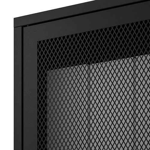 Armario de metal negro con puerta de malla texturizada, montado de forma segura en la pared.