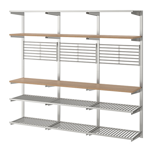 Estantes de cocina metálicos plateados KUNGSFORS: modernos, modulares, de acero inoxidable con estantes de madera.