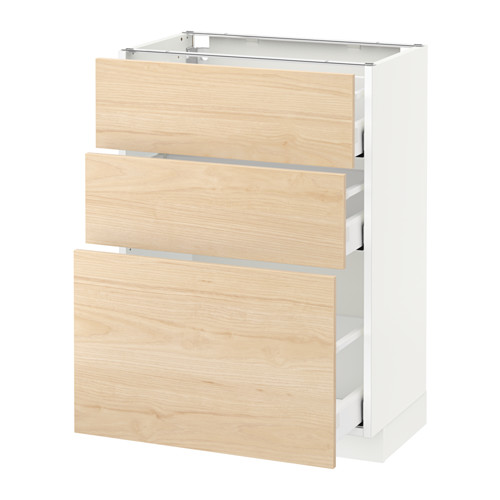 A white METOD kitchen cabinet with three light ash wooden drawers, partially open.