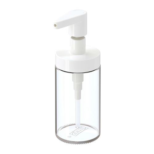 Dispensador de jabón blanco TACKAN, vidrio transparente, bomba plateada, fácil recarga.