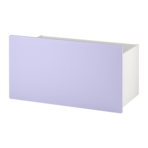 Una caja blanca con cajón de color morado claro, rectangular y sencilla.
