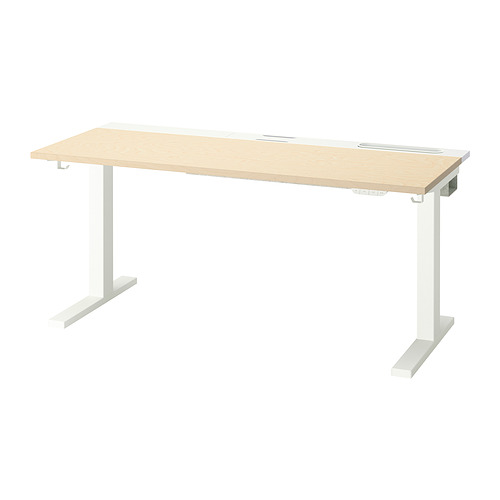 Escritorio MITTZON, tapa de chapa de abedul claro, patas blancas, altura regulable, diseño minimalista.