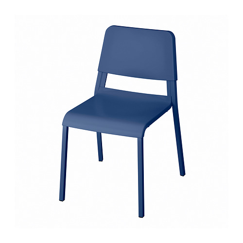 Silla de plástico azul, denominada TEODORES, robusta y apilable, con un diseño sencillo y moderno.