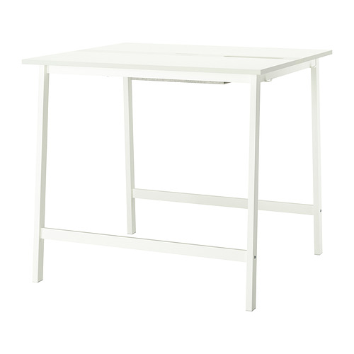 Una mesa MITTZON blanca con tapa cuadrada y patas metálicas.
