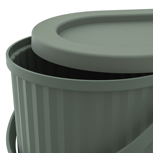 Contenedor de reciclaje apilable verde con tapa, asas resistentes, nervaduras verticales para mayor resistencia.