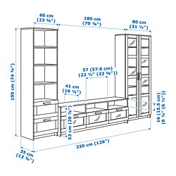 Ilustración de medidas - BRIMNES combinación almacenaje TV con puertas vidrio