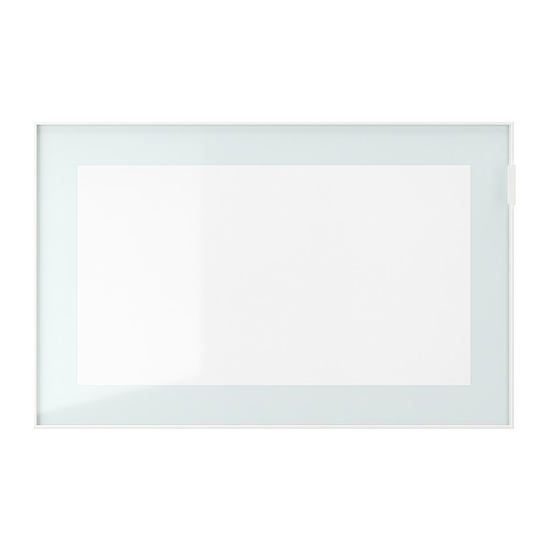 Mueble de almacenaje minimalista BESTÅ. Blanco, rectangular, con puerta de cristal esmerilado. Aspecto moderno y aerodinámico.