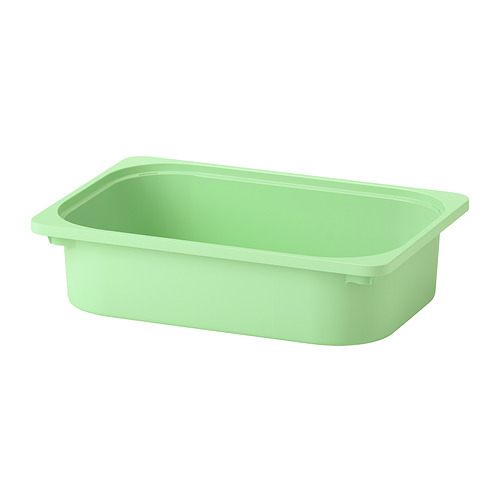 Una caja de almacenamiento TROFAST rectangular de color verde claro hecha de plástico reciclado; Adecuado para sujetar artículos pequeños.