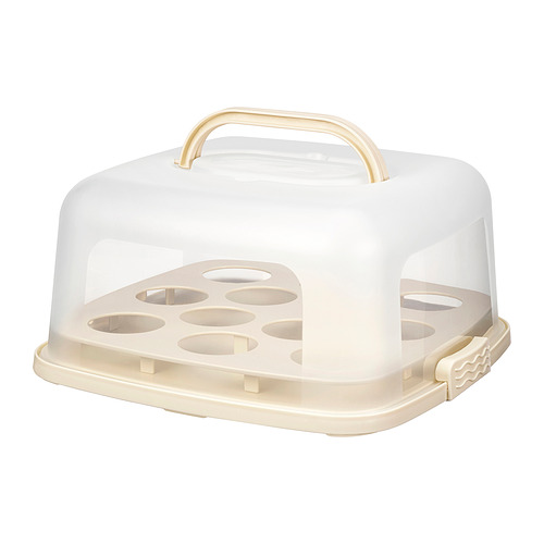 A white BAKTIDER cake carrier with a lid and handle, made of polypropylene plastic, designed to store and transport baked goods.