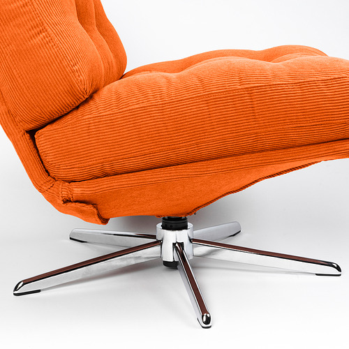 Orange corduroy swivel chair with five-legged chrome base and adjustable height.