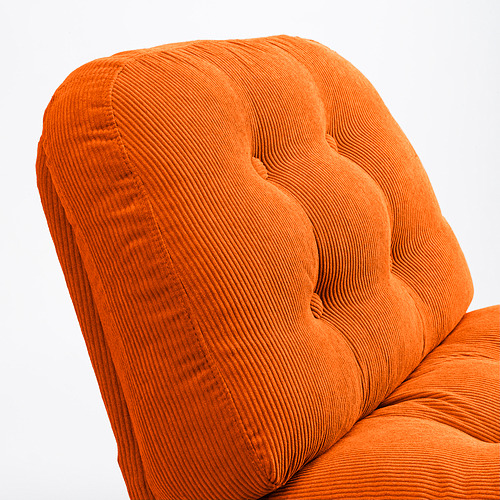 Orange, textured, swivel easy chair; soft, inviting design.