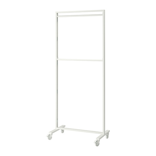 Un separador de ambientes metálico MITTZON en color blanco con ruedas, diseñado para una división flexible del espacio.