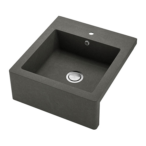 Dark grey quartz composite sink, deep bowl, farmhouse style with chrome drain and tap hole.