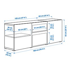 Ilustración de medidas - BESTÅ mueble sala con guía para gaveta, cierre suave