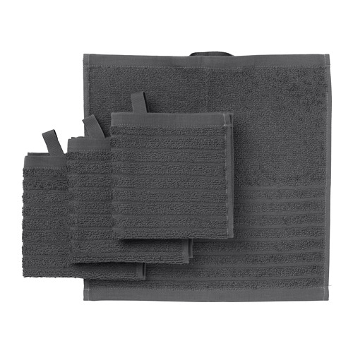 Toallas de algodón VÅGSJÖN gris oscuro. El juego incluye toallas de mano, facial y de baño. Suave, absorbente y de secado rápido.