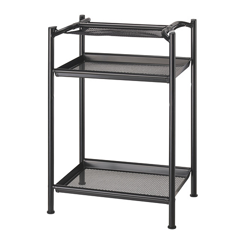 Black metal mesh desk with two shelves, sleek and modern design. Sturdy frame, adjustable feet, ideal for organizing workspace.