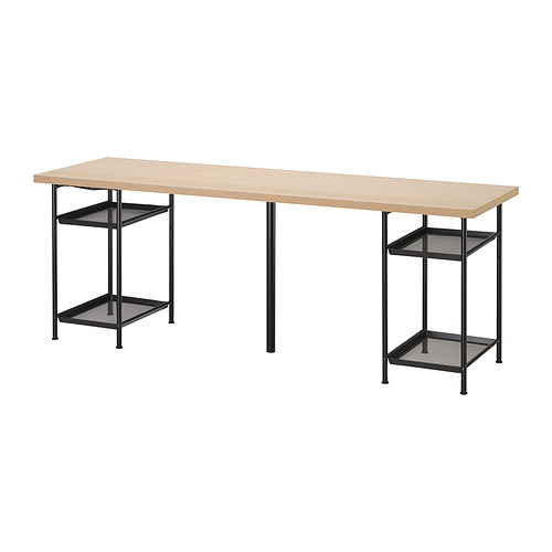 LAGKAPTEN desk: long, light wooden top with black metal frame, 2 adjustable shelves.