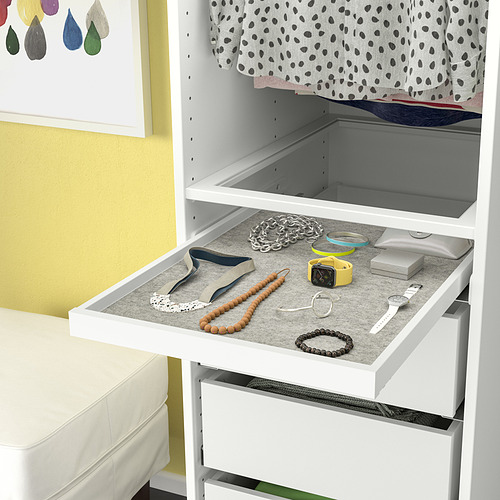 Organizador de cajones blanco para guardar joyas y accesorios. La bandeja extraíble con forro de fieltro mantiene los artículos visibles y seguros.