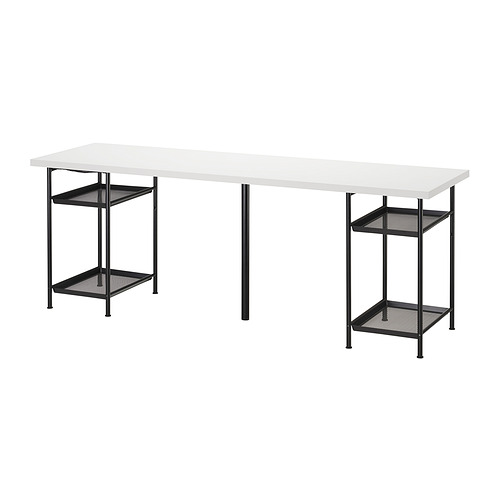 LAGKAPTEN: modern white desk with black metal legs and two mesh shelves for storage.