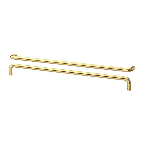 Dos asas alargadas, elegantes y alargadas de color dorado con ligeras curvas en ambos extremos, colocadas horizontalmente, que forman parte de la serie BAGGANÄS.