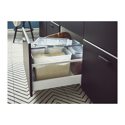 IKEA 365+ recipientes de plástico transparente para alimentos en cajón, varios tamaños, organizados.