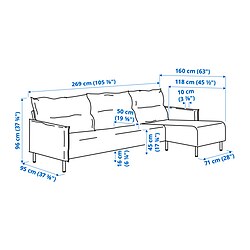 Ilustración de medidas - MANNARP sofá 4 plazas+chaise longue
