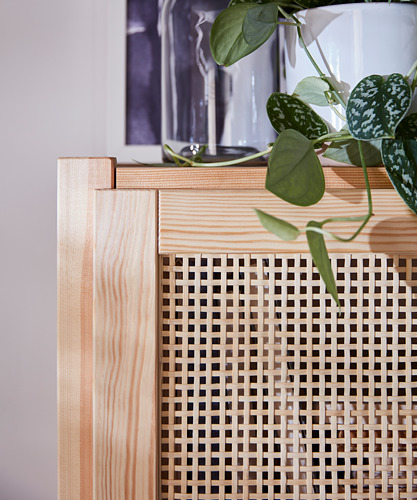 Un armario de madera clara con puertas de bambú tejido muestra una planta de hoja verde.