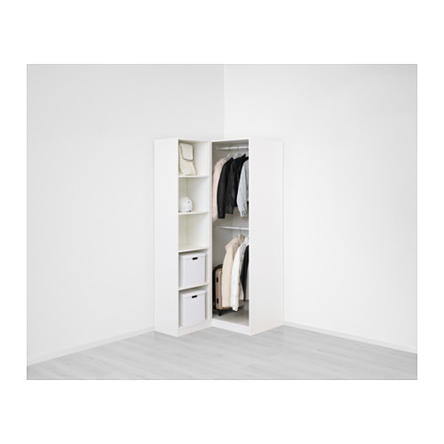 White wardrobe with open doors showing shelves, clothes hangers, and storage bins.