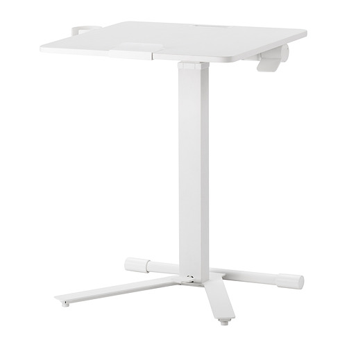 Mesa portátil de pie ajustable, blanca, metal y plástico, base de trípode, tapa inclinable.