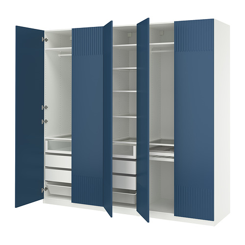 Blue & white PAX wardrobe with shelves & drawers, textured doors.